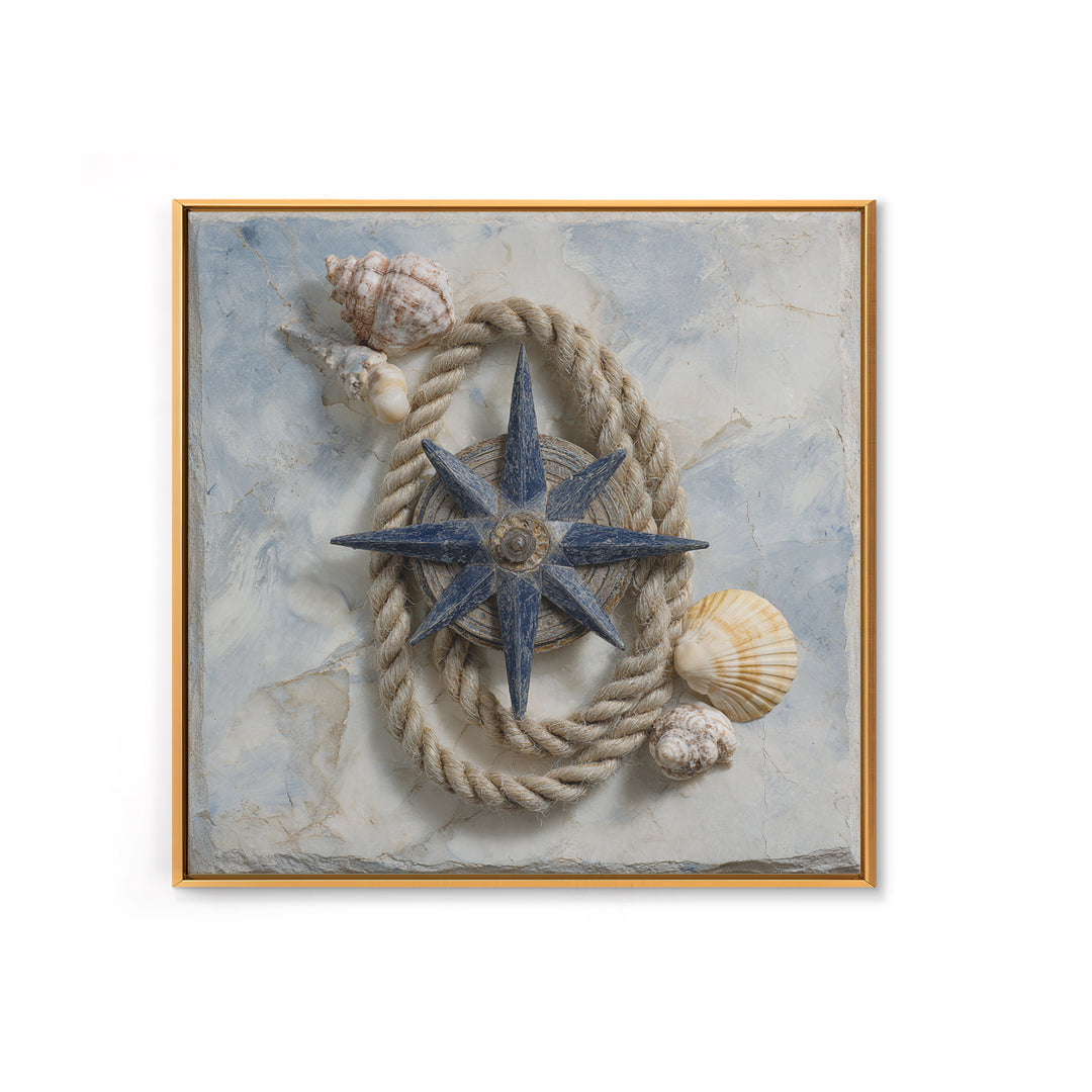 Antique Compass with Rope and Shells Canvas Print, Nautical Art, Textured Painting, Coastal Decor, Fine Art, Harbor, NAU-1x1-98