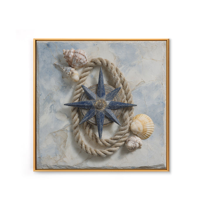 Antique Compass with Rope and Shells Canvas Print, Nautical Art, Textured Painting, Coastal Decor, Fine Art, Harbor, NAU-1x1-98