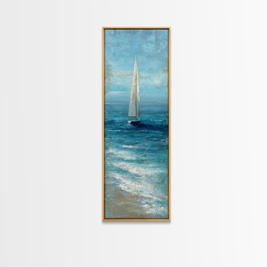 Sailboat Leaning into Wind on Blue Water Canvas Print, Nautical Art, Minimalist Decor, Coastal Decor, Fine Art, Harbor, NAU-1x3-13