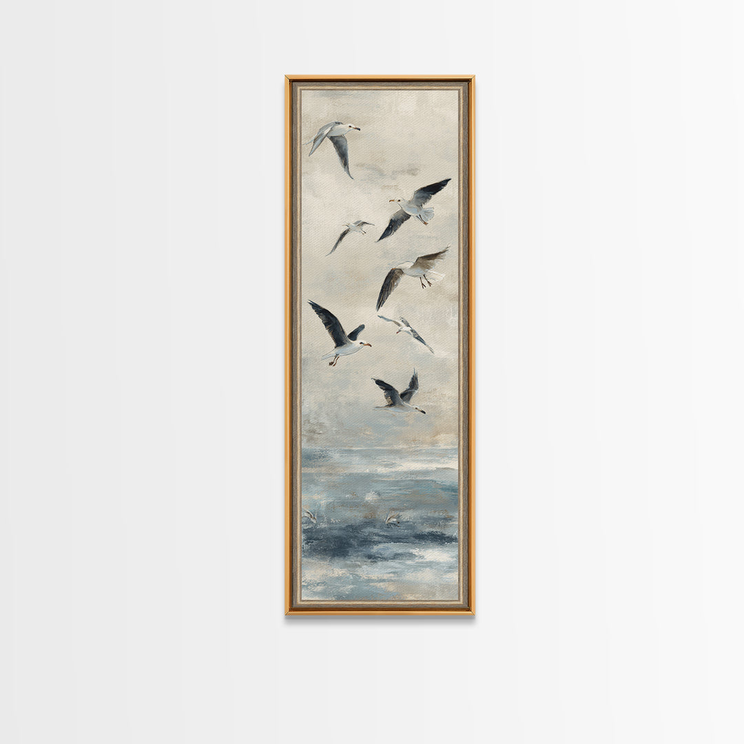 Coastal Gulls Flying Framed Canvas Print, Nautical Art, Textured Painting, Coastal Decor, Fine Art, Harbor, Printable Wall Art, NAU-1x3-29