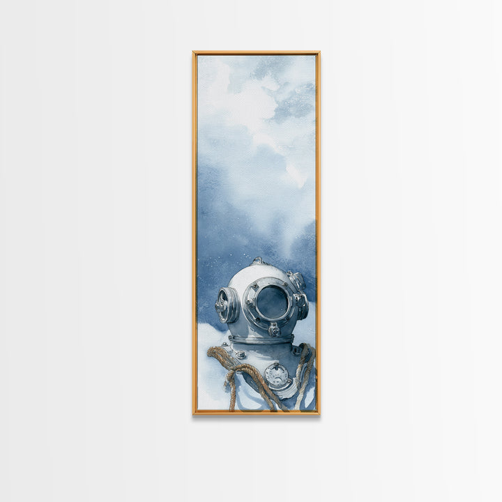 Deep Sea Diver Helmet Still Life Framed Canvas Print, Nautical Art, Ocean Art, Coastal Decor, Oil Painting, Harbor, NAU-1x3-54