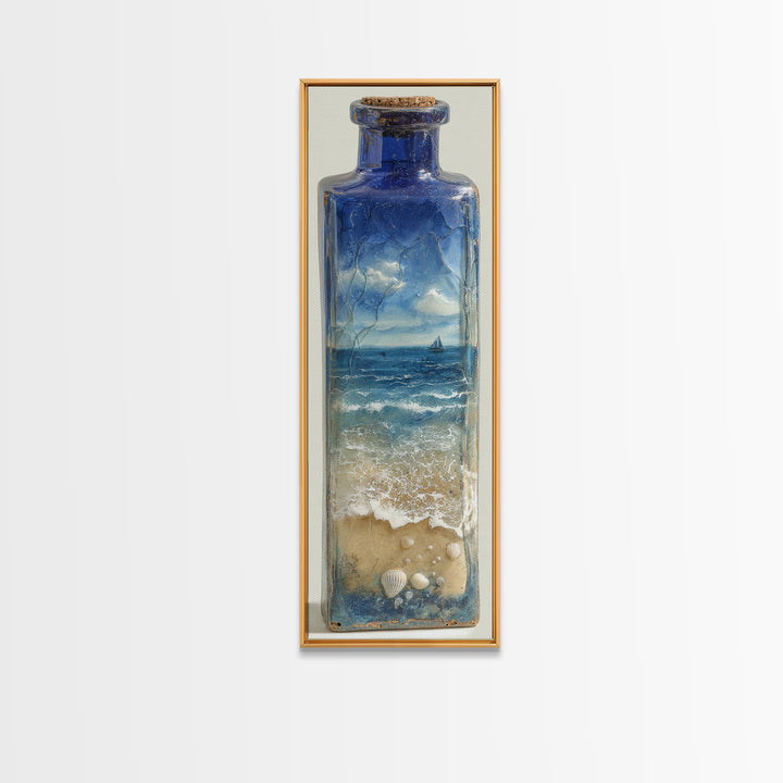 Bottle with Tiny Ship and Ocean Inside Framed Canvas Print, Nautical Art, Coastal Decor, Fine Art, Harbor, Fine Art Print, NAU-1x3-76