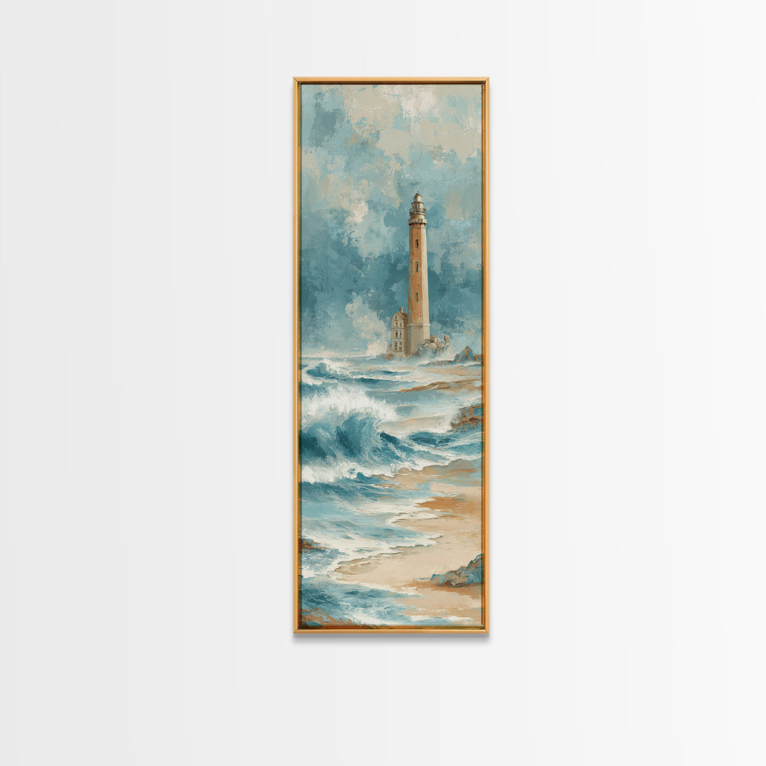 Lighthouse Standing Against Stormy Waves Framed Canvas Print, Nautical Art, Statement Artwork, Coastal Decor, Fine Art, Harbor, NAU-1x3-87