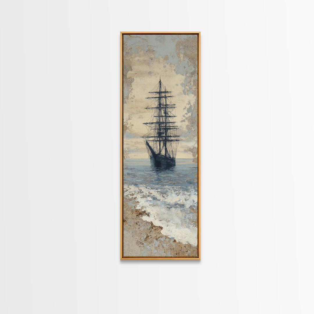 Tall Ship Silhouette at Sunset Framed Canvas Print, Nautical Art, Beach Print, Coastal Decor, Fine Art, Harbor, Luxury Decor, NAU-1x3-92