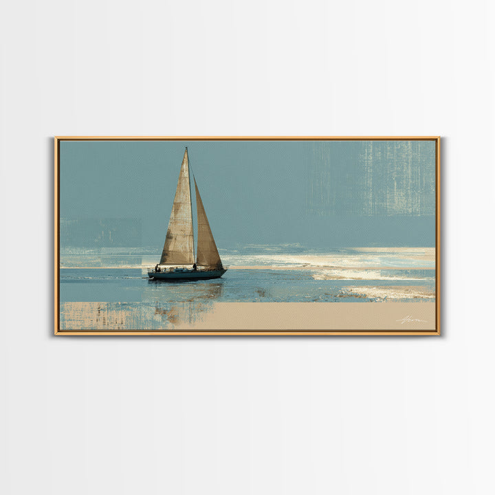 Blueprint Sailboat Technical Drawing Framed Canvas Print, Nautical Art, Statement Artwork, Coastal Decor, Fine Art, Harbor, NAU-2x1-20