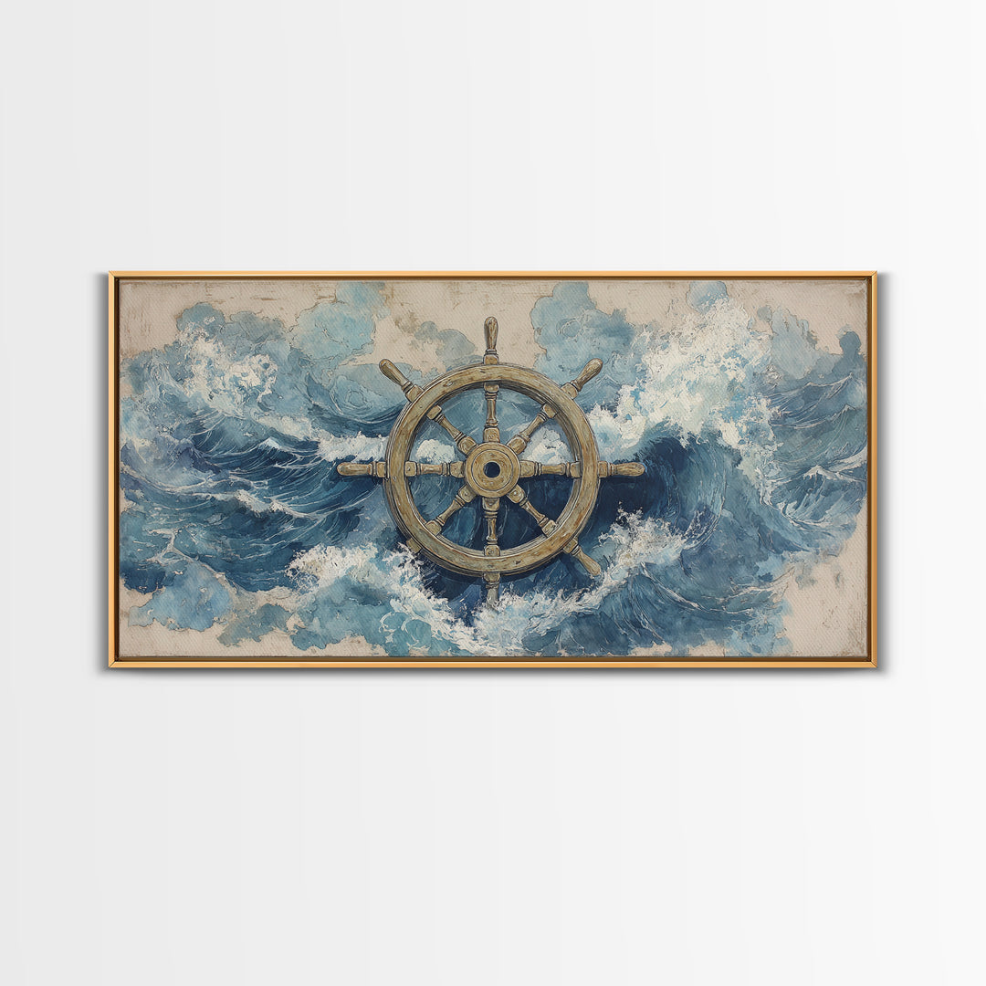 Ship Wheel with Sea Spray Background Framed Canvas Print, Nautical Art, Wall Art, Coastal Decor, Oil Painting, Harbor, NAU-2x1-35
