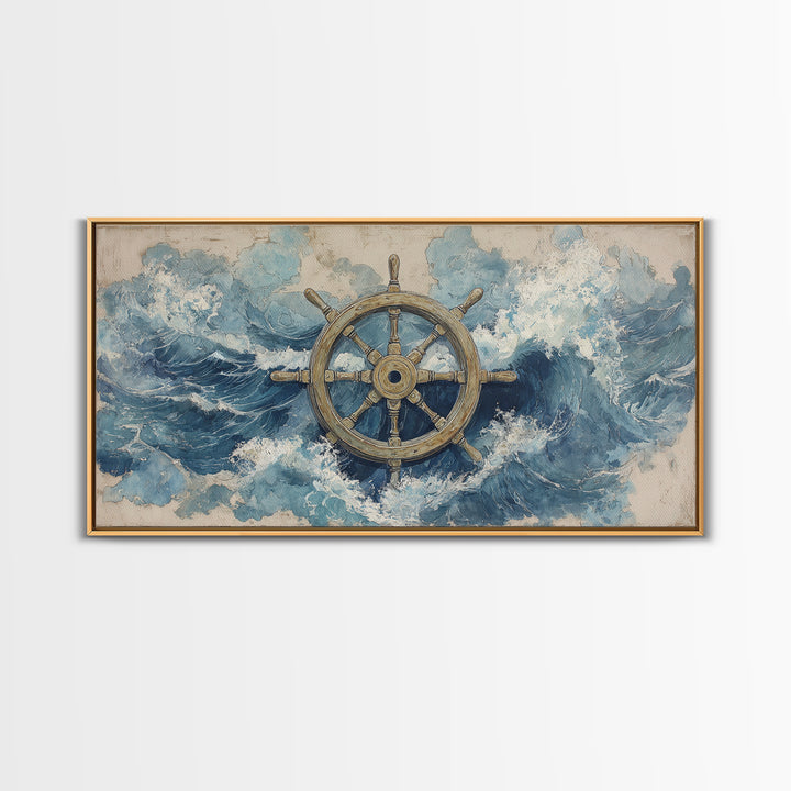 Ship Wheel with Sea Spray Background Framed Canvas Print, Nautical Art, Wall Art, Coastal Decor, Oil Painting, Harbor, NAU-2x1-35