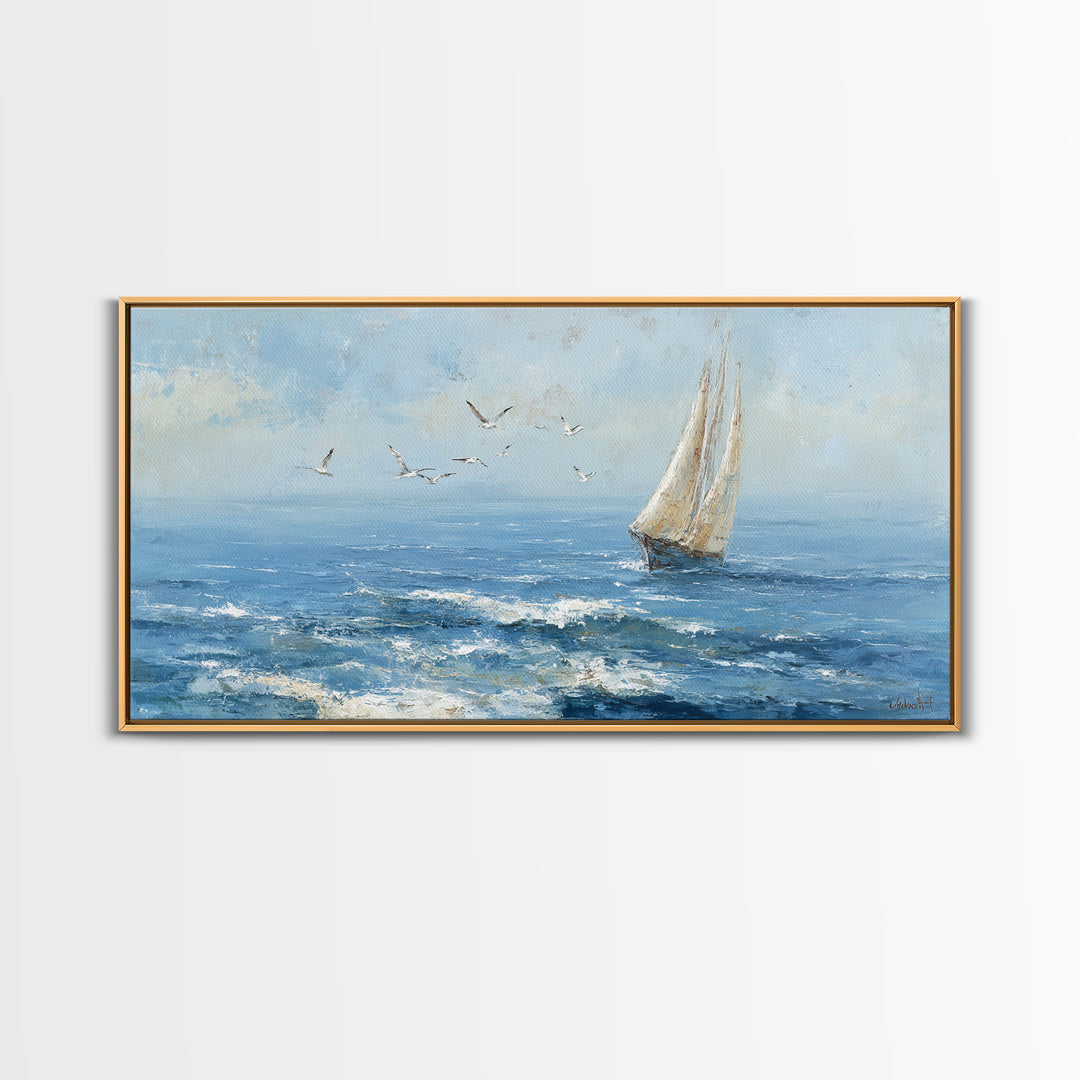 Sailboat Leaning into Wind on Blue Water Framed Canvas Print, Nautical Art, Digital Print, Coastal Decor, Fine Art, Harbor, NAU-2x1-45
