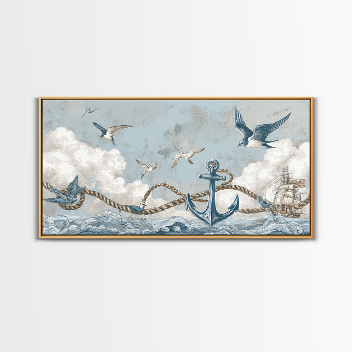 Sailor Tattoo Swallow and Anchor Framed Canvas Print, Nautical Art, Antique Decor, Coastal Decor, Harbor, Downloadable Prints, NAU-2x1-91