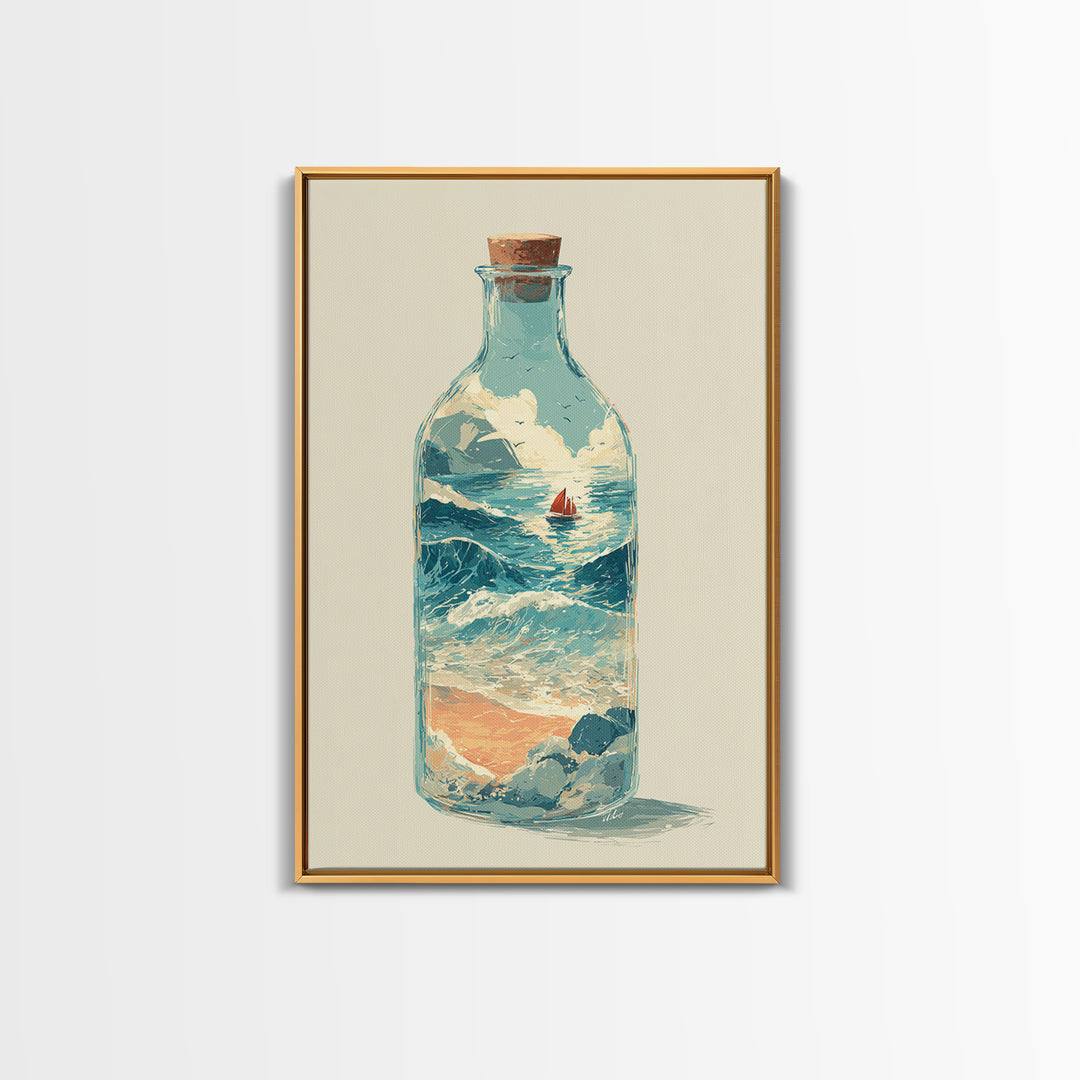 Bottle with Tiny Ship and Ocean Inside Framed Canvas Print, Nautical Art, Modern Decor, Coastal Decor, Fine Art, Harbor, NAU-2x3-24