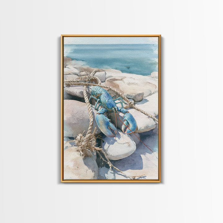 Lobster and Rope Coastal Illustration Framed Canvas Print, Nautical Art, Beach Decor, Coastal Decor, Fine Art, Harbor, NAU-2x3-28