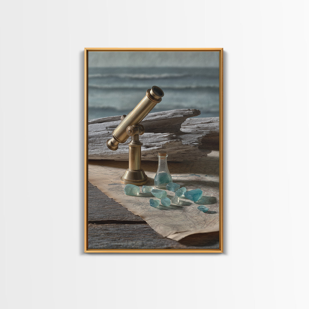 Brass Telescope and Old Map Still Life Framed Canvas Print, Nautical Art, Art Print, Coastal Decor, Fine Art, Harbor, NAU-2x3-38