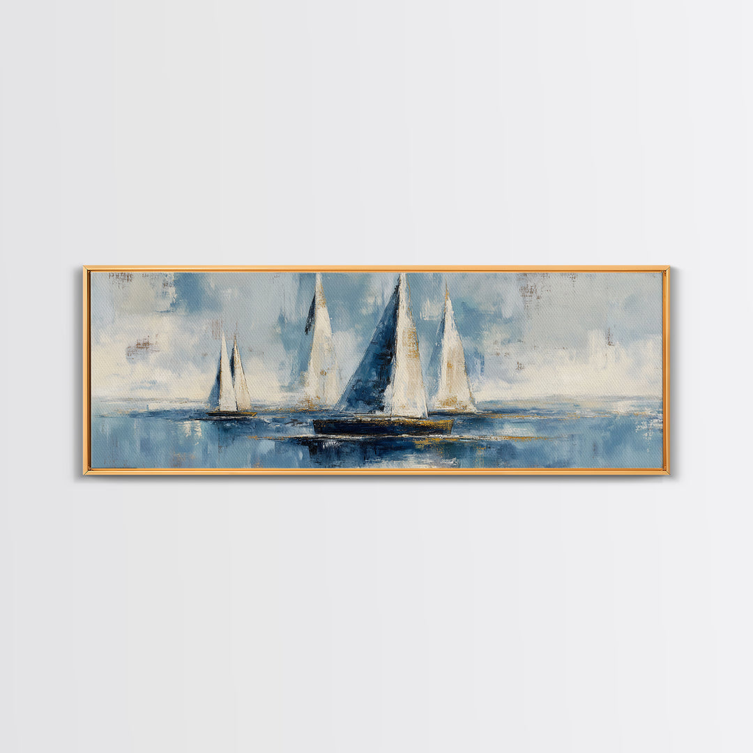 Sailboat Leaning into Wind on Blue Water Framed Canvas Print, Nautical Art, Coastal Art, Coastal Decor, Fine Art, Harbor, NAU-3x1-17