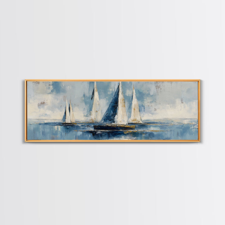 Sailboat Leaning into Wind on Blue Water Framed Canvas Print, Nautical Art, Coastal Art, Coastal Decor, Fine Art, Harbor, NAU-3x1-17