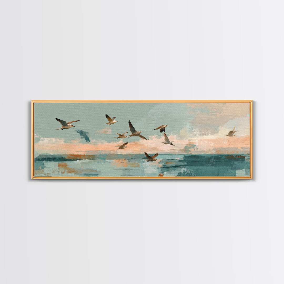 Coastal Gulls Flying Canvas Print, Nautical Art, Beach Decor, Coastal Decor, Fine Art, Harbor, Statement Artwork, Boho Decor, NAU-3x1-33