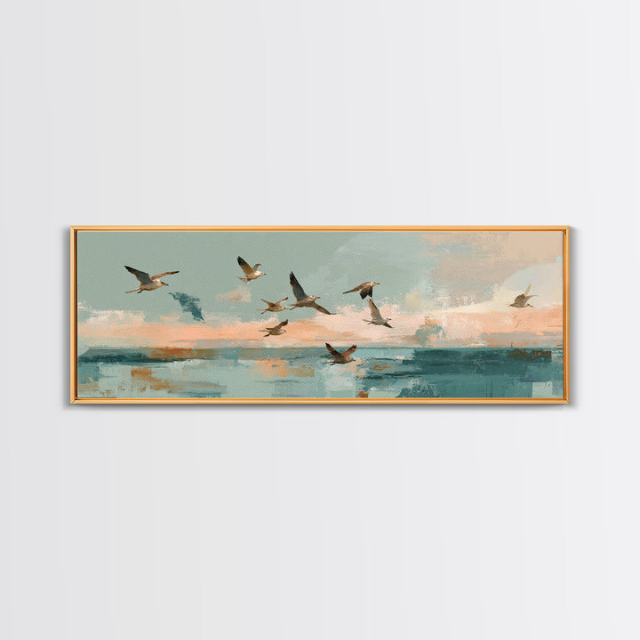 Coastal Gulls Flying Canvas Print, Nautical Art, Beach Decor, Coastal Decor, Fine Art, Harbor, Statement Artwork, Boho Decor, NAU-3x1-33
