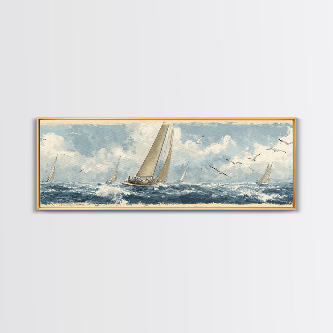 Classic Yacht Racing Through Whitecaps Canvas Print, Nautical Art, Minimalist Decor, Coastal Decor, Fine Art, Harbor, NAU-3x1-35