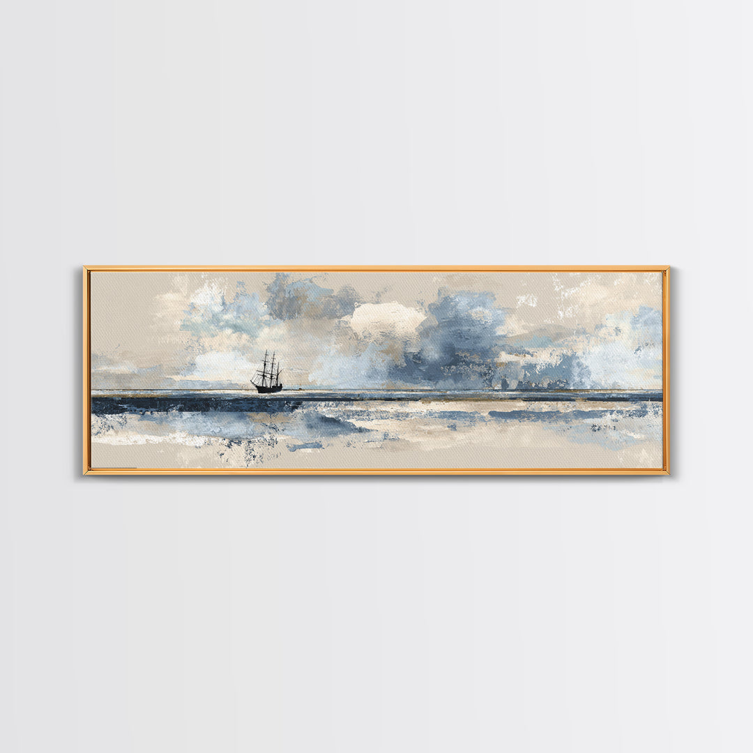 Tall Ship Silhouette at Sunset Canvas Print, Nautical Art, Textured Painting, Coastal Decor, Fine Art, Harbor, NAU-3x1-48
