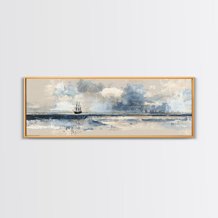 Tall Ship Silhouette at Sunset Canvas Print, Nautical Art, Textured Painting, Coastal Decor, Fine Art, Harbor, NAU-3x1-48