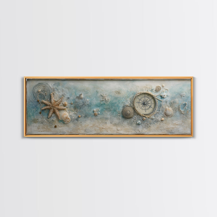 Antique Compass with Rope and Shells Canvas Print, Nautical Art, Coastal Wall Art, Coastal Decor, Harbor, Neutral Decor, NAU-3x1-66