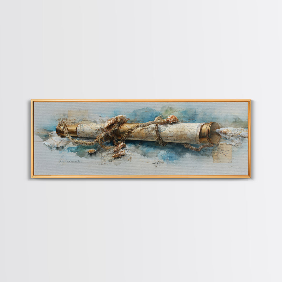 Brass Telescope and Old Map Still Life Canvas Print, Nautical Art, Wall Art, Coastal Decor, Oil Painting, Harbor, Digital Print, NAU-3x1-70