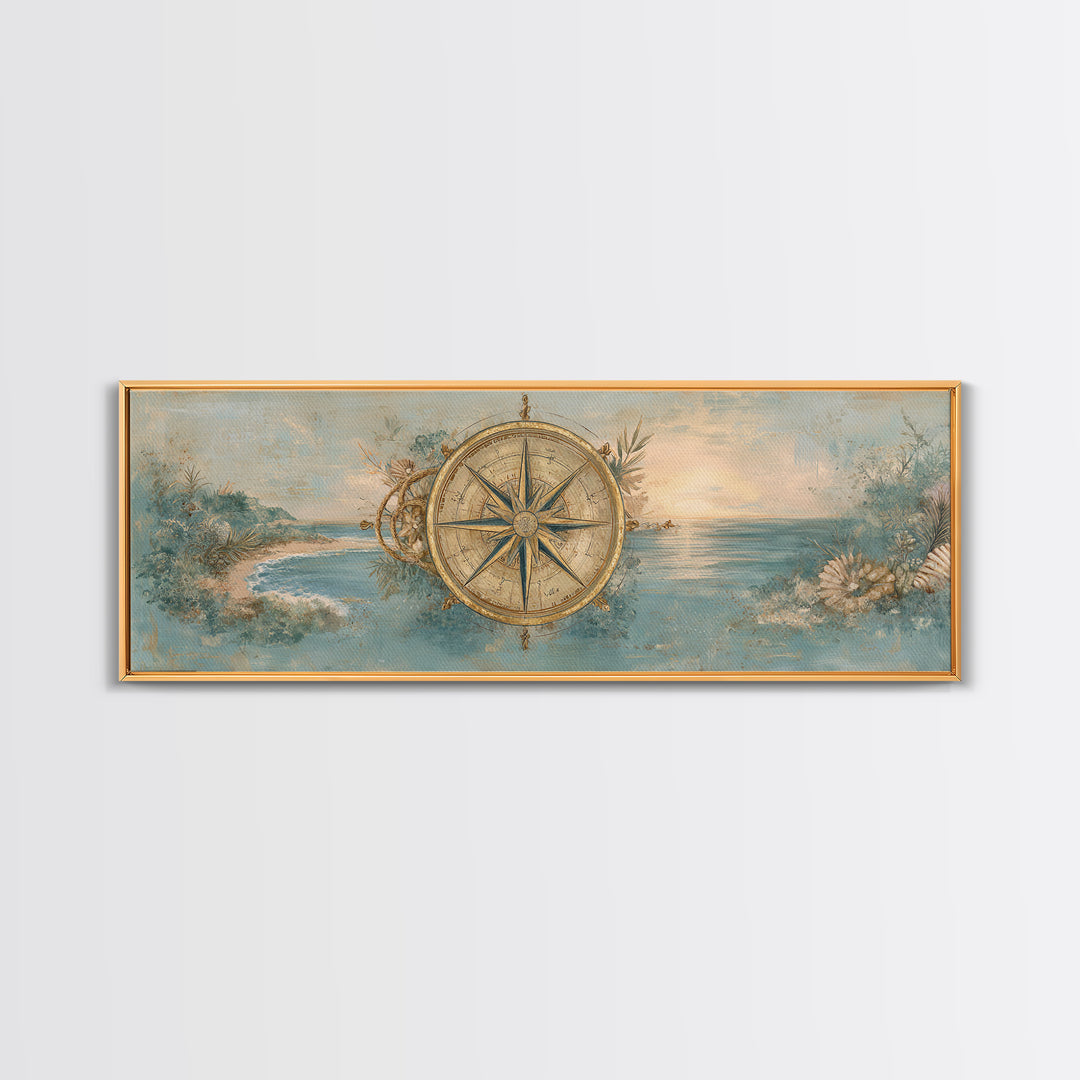 Antique Compass with Rope and Shells Framed Canvas Print, Nautical Art, Beach Print, Coastal Decor, Fine Art, Harbor, NAU-3x1-90