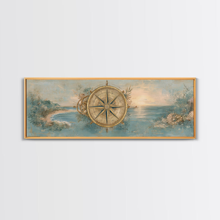 Antique Compass with Rope and Shells Framed Canvas Print, Nautical Art, Beach Print, Coastal Decor, Fine Art, Harbor, NAU-3x1-90