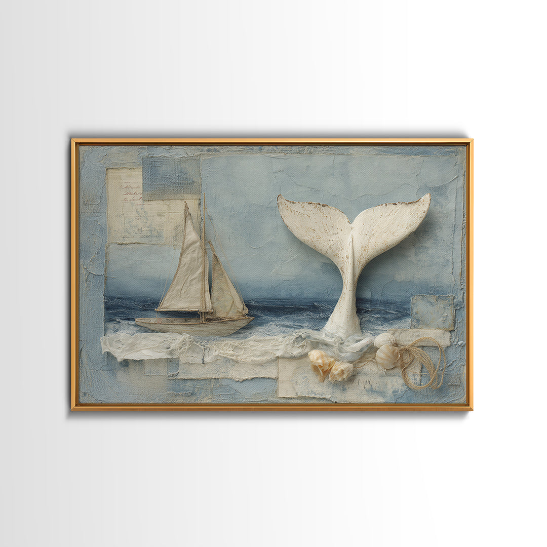 Whale Tail Beside Small Sailboat Framed Canvas Print, Nautical Art, Digital Print, Coastal Decor, Fine Art, Harbor, Beach Print, NAU-3x2-14