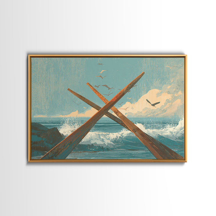 Weathered Oars Crossed Framed Canvas Print, Nautical Art, Coastal Wall Art, Coastal Decor, Fine Art, Harbor, Neutral Decor, NAU-3x2-15