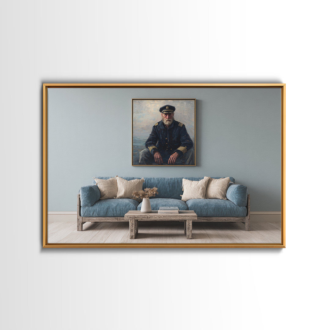 Sea Captain Portrait Framed Canvas Print, Nautical Art, Room Decor, Coastal Decor, Oil Painting, Harbor, Printable, NAU-3x2-35