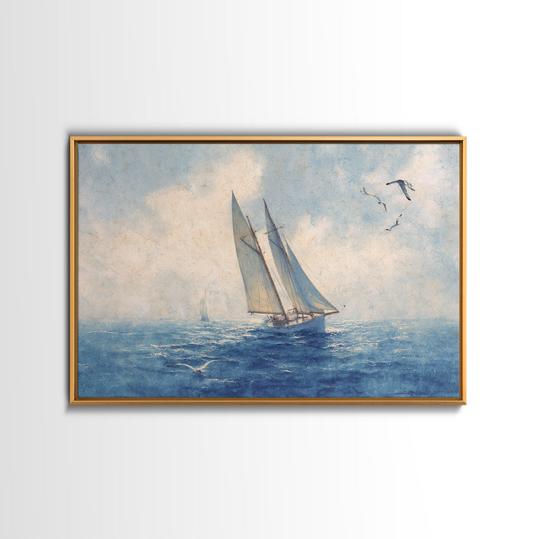 Sailboat Leaning into Wind on Blue Water Framed Canvas Print, Nautical Art, Room Decor, Coastal Decor, Fine Art, Harbor, NAU-3x2-77