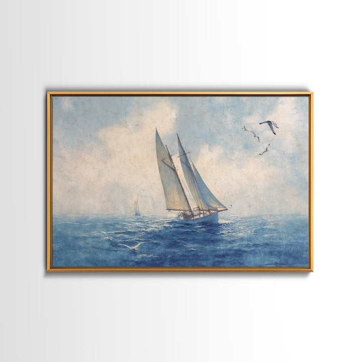Sailboat Leaning into Wind on Blue Water Framed Canvas Print, Nautical Art, Room Decor, Coastal Decor, Fine Art, Harbor, NAU-3x2-77