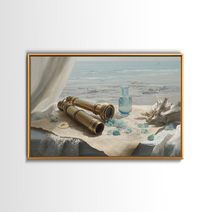 Brass Telescope and Old Map Still Life Framed Canvas Print, Nautical Art, Ocean Art, Coastal Decor, Oil Painting, Harbor, NAU-3x2-82