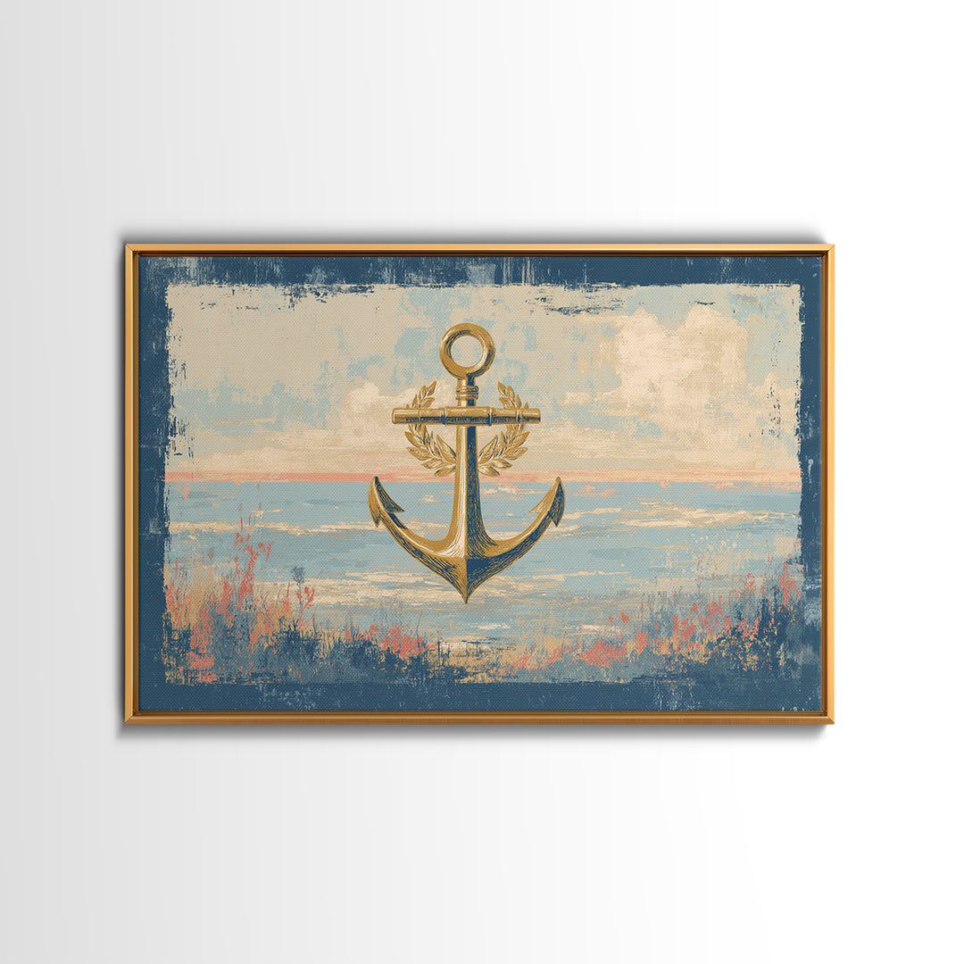 Anchor and Laurel Nautical Crest Without Text Framed Canvas Print, Nautical Art, Beach Decor, Coastal Decor, Fine Art, Harbor, NAU-3x2-9