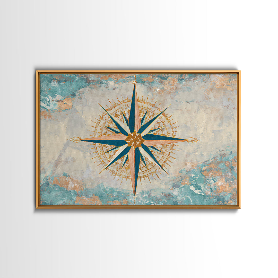 Nautical Star Compass Rose Framed Canvas Print, Nautical Art, Beach Print, Coastal Decor, Fine Art, Harbor, Luxury Decor, NAU-3x2-90