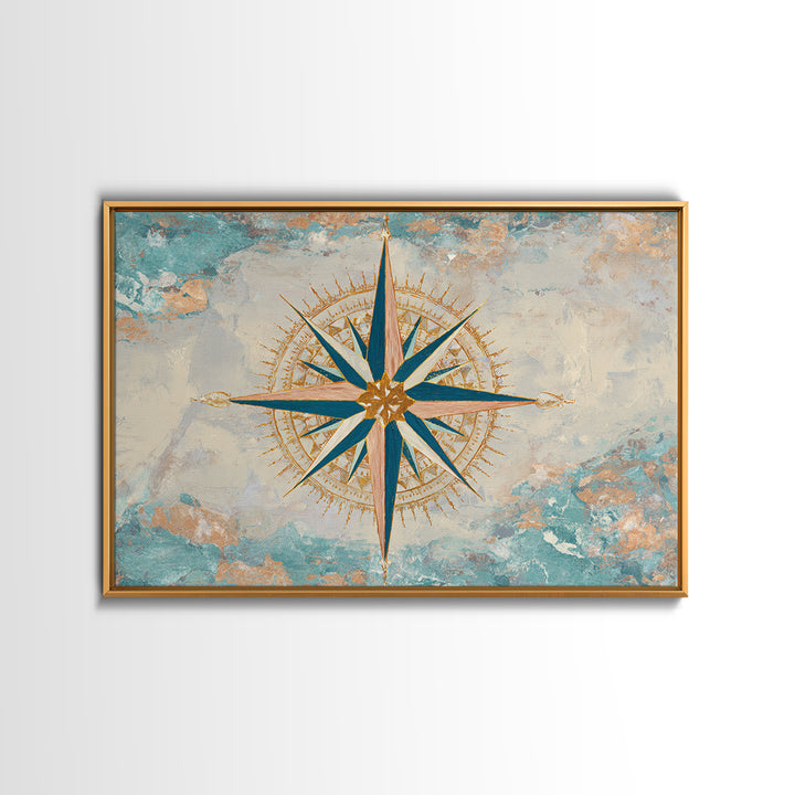 Nautical Star Compass Rose Framed Canvas Print, Nautical Art, Beach Print, Coastal Decor, Fine Art, Harbor, Luxury Decor, NAU-3x2-90