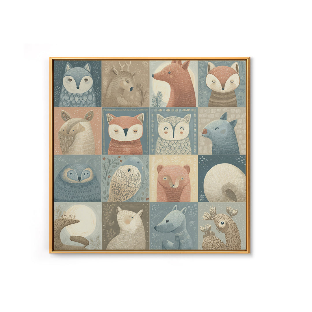 Woodland Animal Parade Framed Canvas Print, Nursery Decor, Wall Light, Fine Art, Nursery, Statement Artwork, Boho Decor, NDE-1x1-2