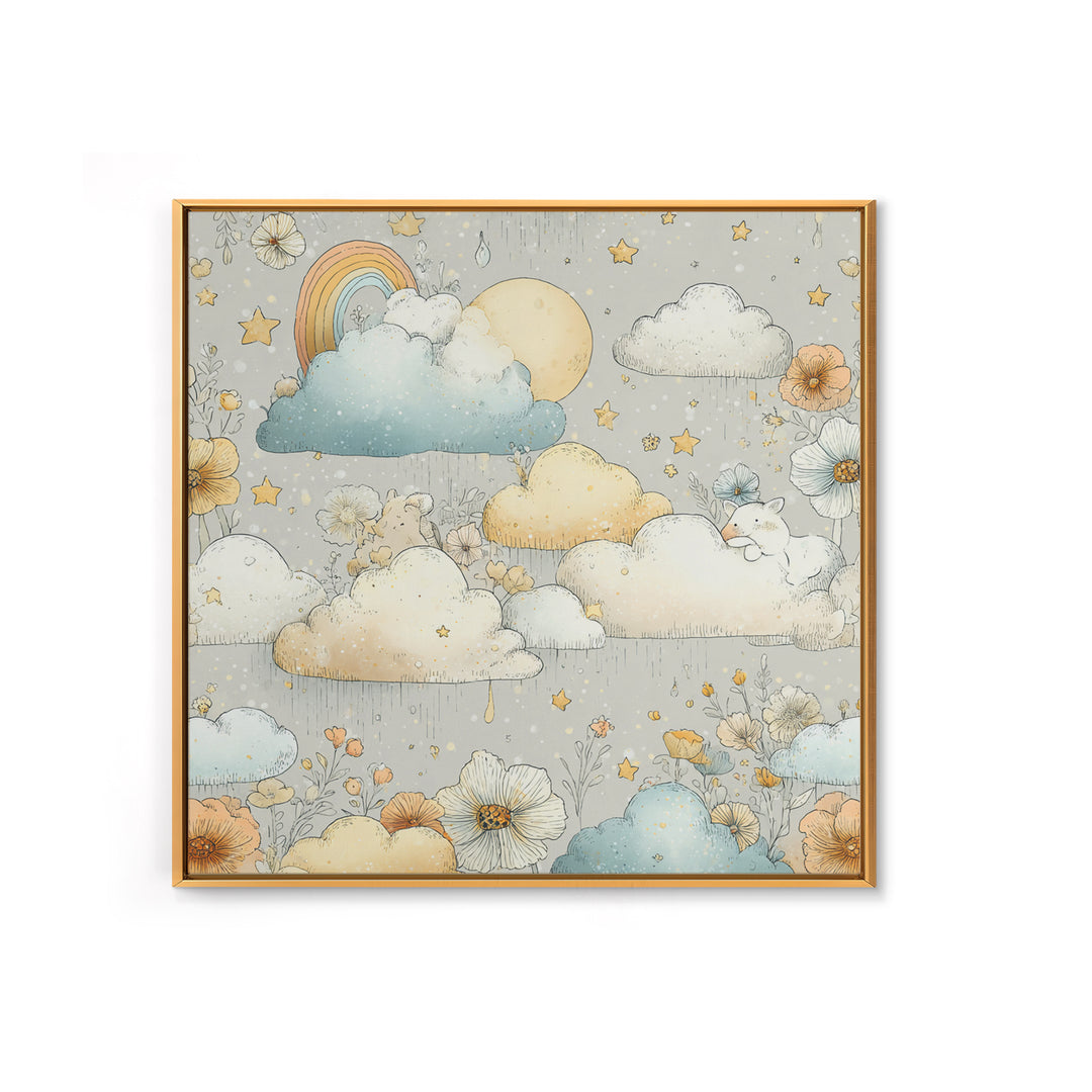 Cloud Rainbow and Raindrop Composition Canvas Print, Nursery Decor, Canvas, Fine Art, Nursery, Playroom Decor, Floral Wall Art, NDE-1x1-20