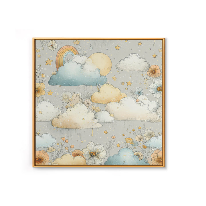 Cloud Rainbow and Raindrop Composition Canvas Print, Nursery Decor, Canvas, Fine Art, Nursery, Playroom Decor, Floral Wall Art, NDE-1x1-20