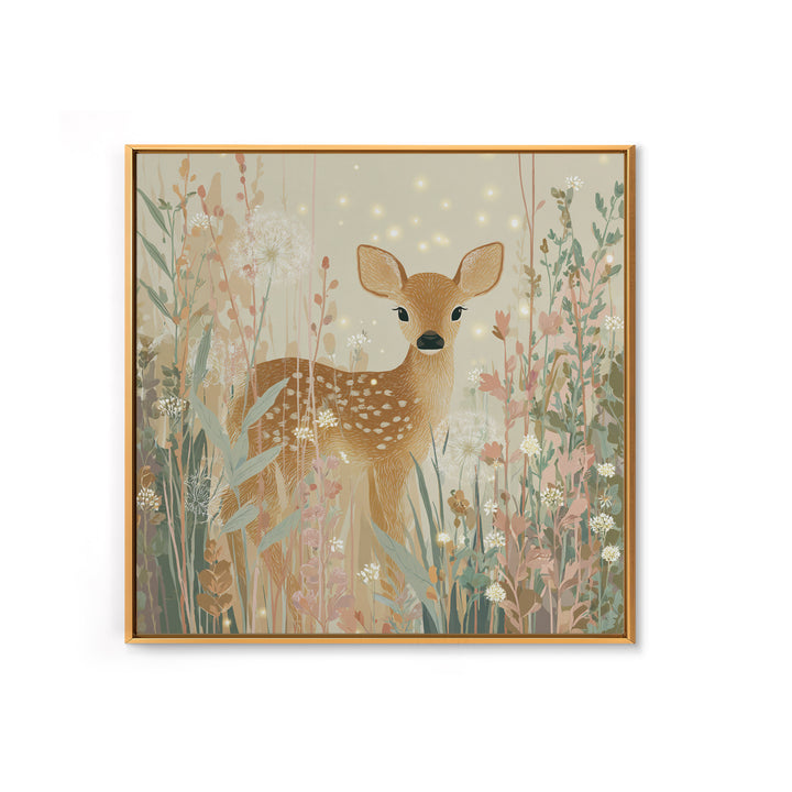 Baby Deer in Meadow with Fireflies Canvas Print, Nursery Decor, Floral Wallpaper, Nursery, Fine Art Print, Statement Artwork, NDE-1x1-22
