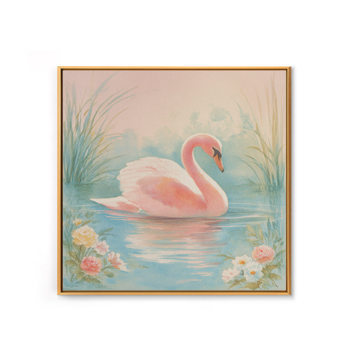 Pink Swan on Calm Pond Framed Canvas Print, Nursery Decor, Boho Decor, Oil Painting, Nursery, Nursery Wall Art, Framed Wall Art, NDE-1x1-37