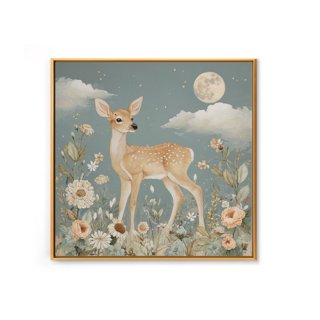 Baby Deer in Meadow with Fireflies Framed Canvas Print, Nursery Decor, Nursery Wall Decals, Oil Painting, Nursery, NDE-1x1-46