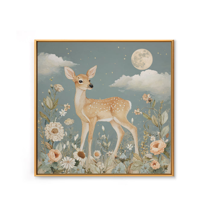 Baby Deer in Meadow with Fireflies Framed Canvas Print, Nursery Decor, Nursery Wall Decals, Oil Painting, Nursery, NDE-1x1-46