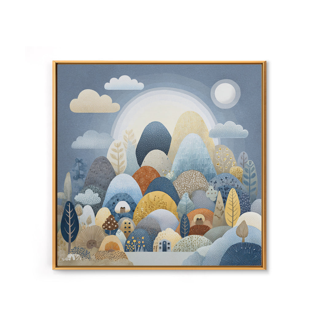 Calm Mountain Nursery Landscape Framed Canvas Print, Nursery Decor, Art Print, Oil Painting, Nursery, Woodland Nursery Decor, NDE-1x1-48