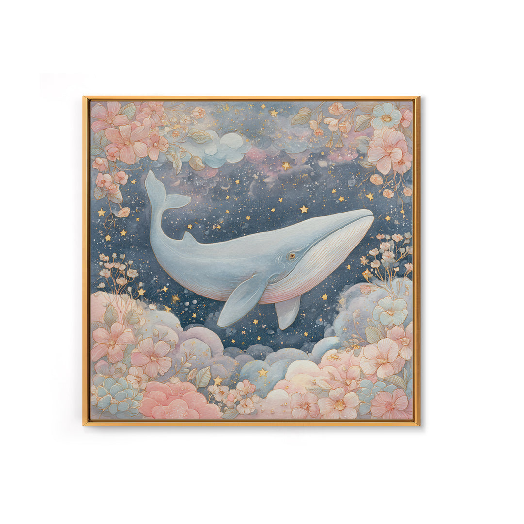Baby Whale Swimming Through Stars Framed Canvas Print, Nursery Decor, Nursery, Fine Art, Nursery, Baby Girl Nursery Decor, NDE-1x1-56