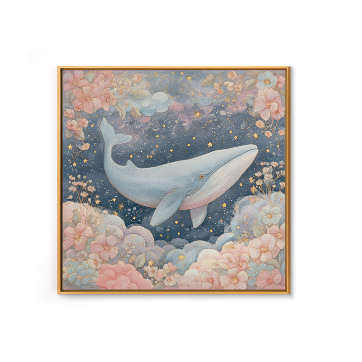 Baby Whale Swimming Through Stars Framed Canvas Print, Nursery Decor, Nursery, Fine Art, Nursery, Baby Girl Nursery Decor, NDE-1x1-56