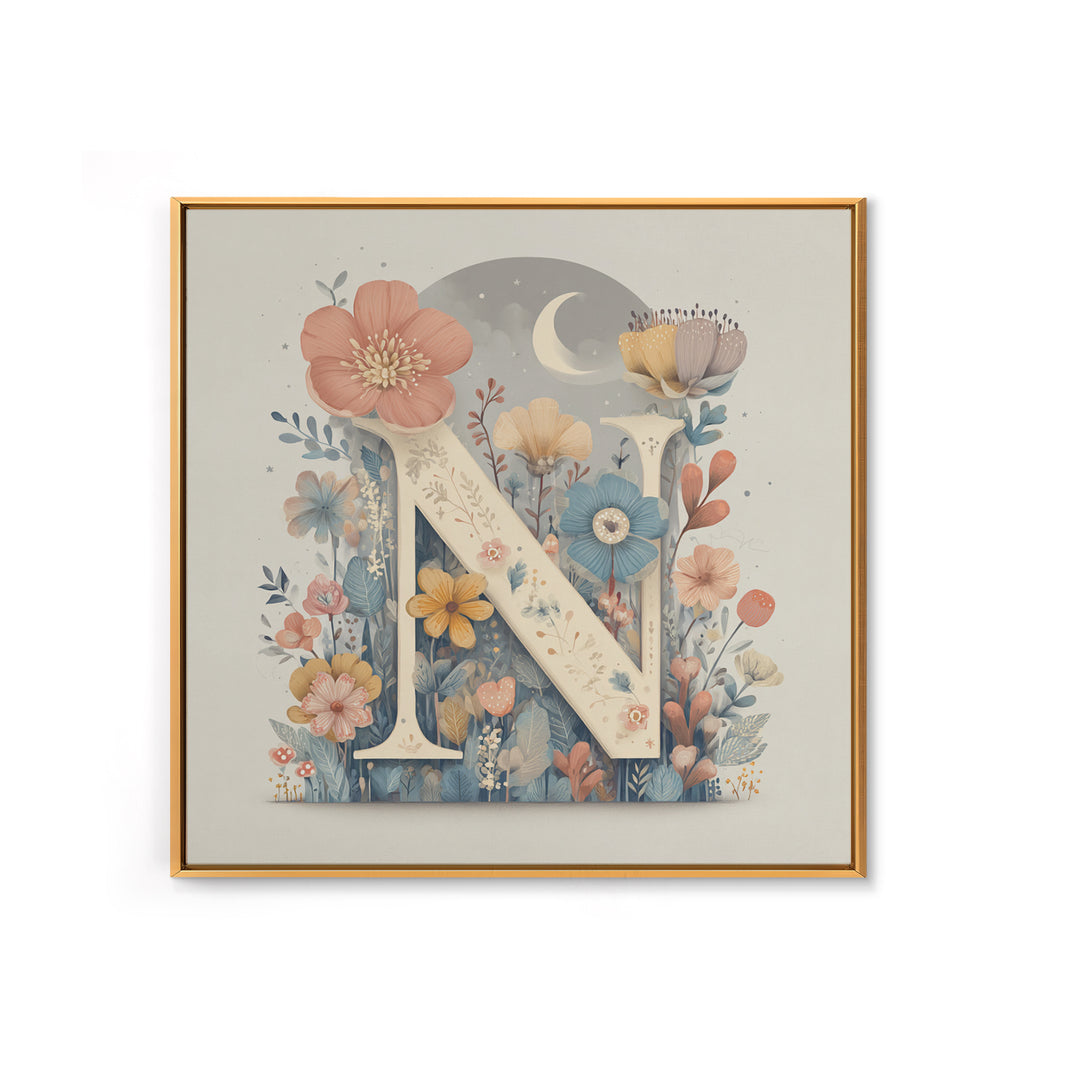 Soft Floral Initial Frame Without Letters Framed Canvas Print, Nursery Decor, Boy Nursery Decor, Fine Art, Nursery, NDE-1x1-58