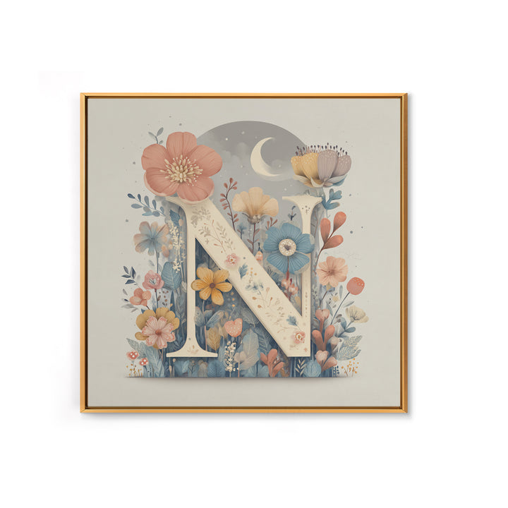 Soft Floral Initial Frame Without Letters Framed Canvas Print, Nursery Decor, Boy Nursery Decor, Fine Art, Nursery, NDE-1x1-58