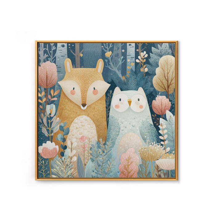 Fox and Owl Friends Framed Canvas Print, Nursery Decor, Gallery Decor, Fine Art, Nursery, Wall Art, Home Decor, Wall Decor, NDE-1x1-62