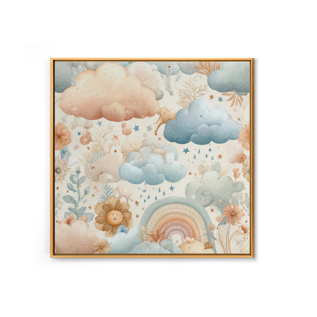 Cloud Rainbow and Raindrop Composition Framed Canvas Print, Nursery Decor, Wall Light, Fine Art, Nursery, Statement Artwork, NDE-1x1-68
